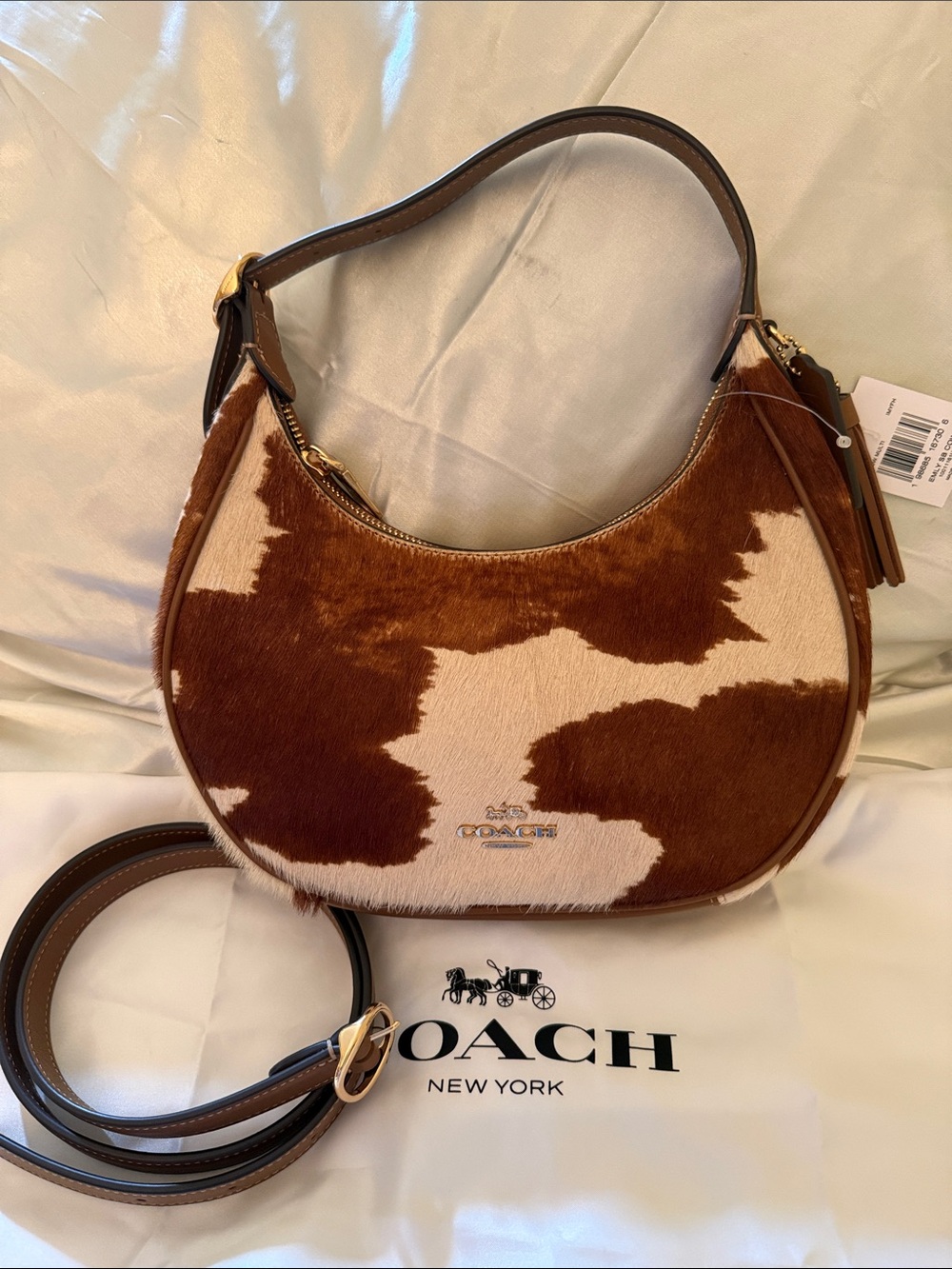 π€Coach NWT Emily Brown and Cream Calf-hair Cow Print Shoulder Bag/Gold Hardware - Picture 3 of 10